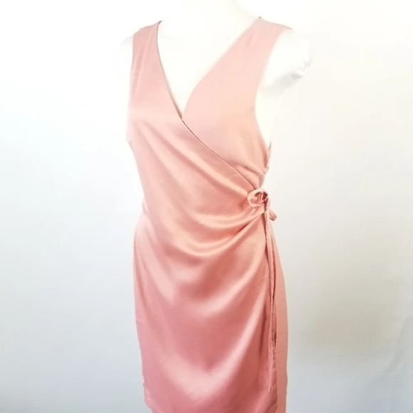 ONE ONE SIX Peach Pink Satin Surplice Dress L - Picture 3 of 6